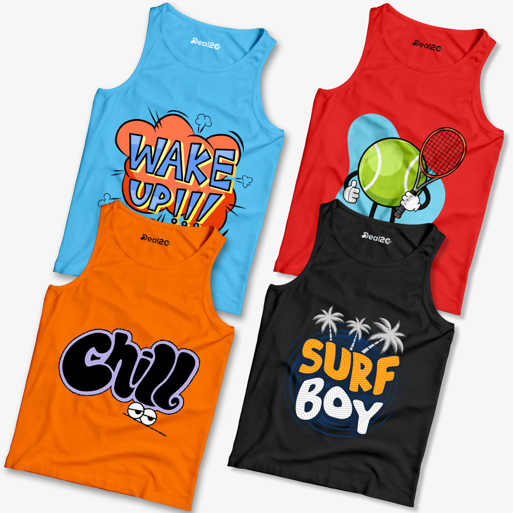 Pack of 4 Wake Up Chill Surf Boy Kids Printed Tank Tops