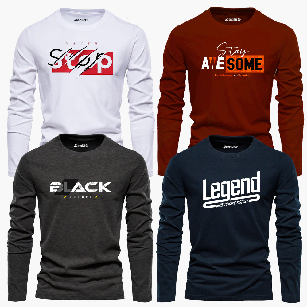 Pack of 4 Stop Black Awesome Legend Mens Printed Long Sleeves T-Shirts