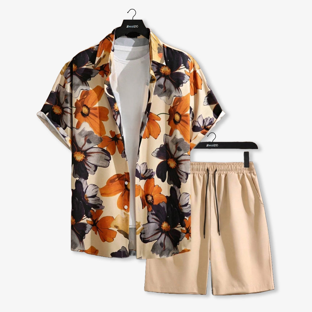Men Orange Hawaiian Floral Printed Summer Short Suit