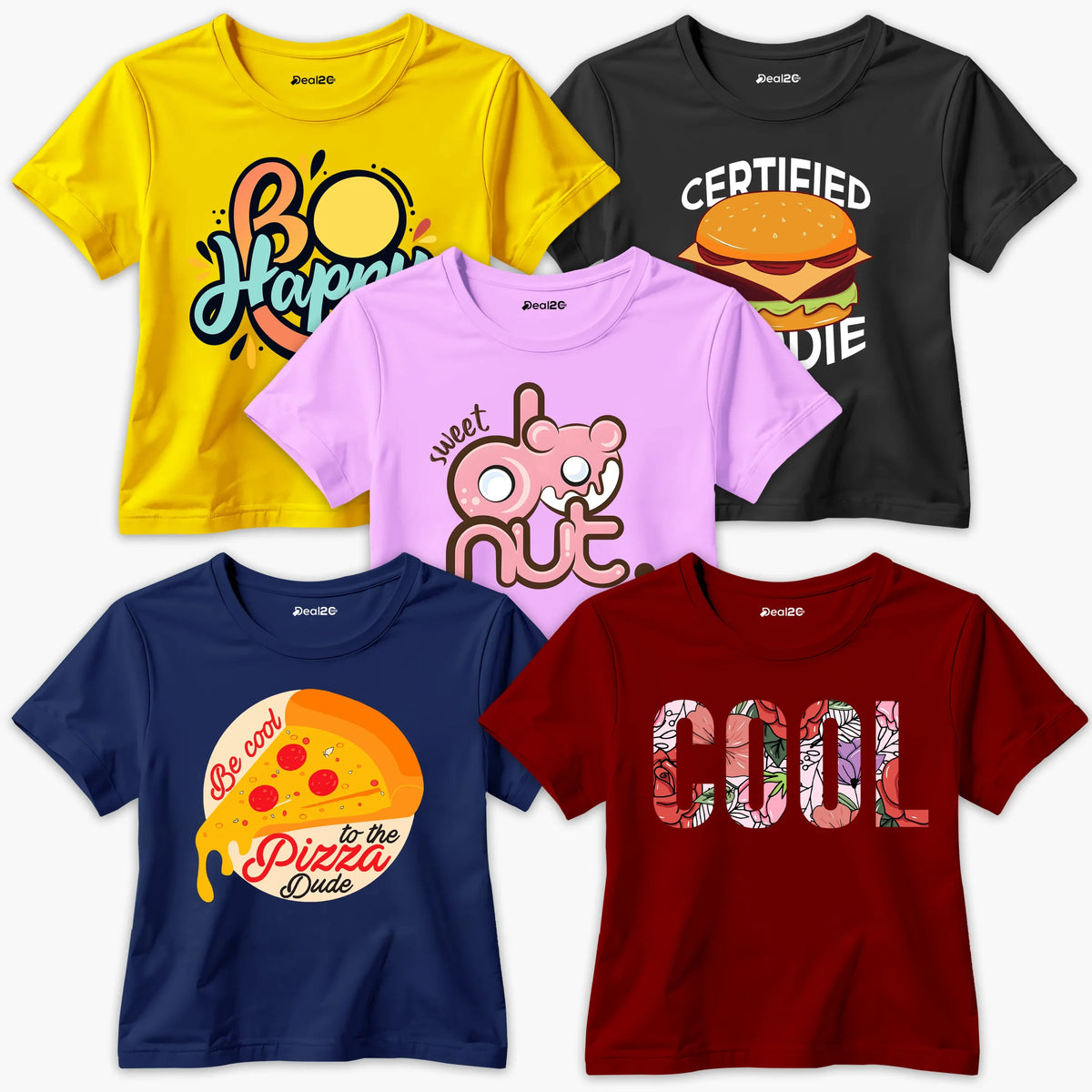 Pack of 5 Happy Certified Donut Cool Dude Printed Summer T-Shirts For Girls