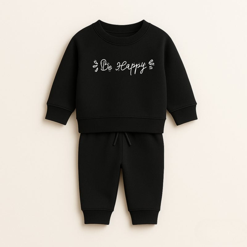 Be Happy Printed Black Sweatshirt Tracksuit for Girls