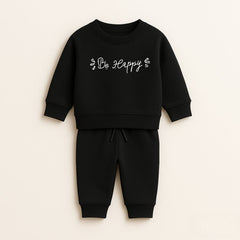 Be Happy Printed Black Sweatshirt Tracksuit for Girls