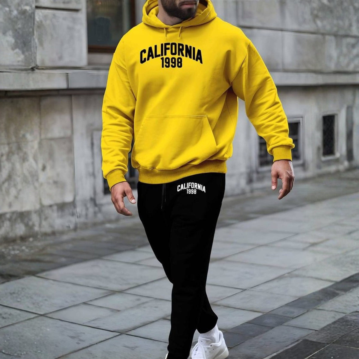 Contrast Yellow California Printed Hooded Tracksuit for Men