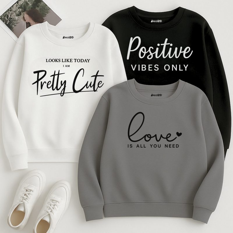 Pack of 3 Pretty Positive Love Printed Sweatshirts for Women