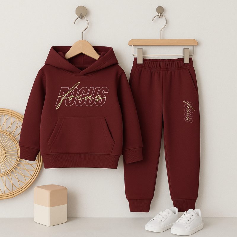 Focus Printed Maroon Hooded Tracksuit for Tween Kids