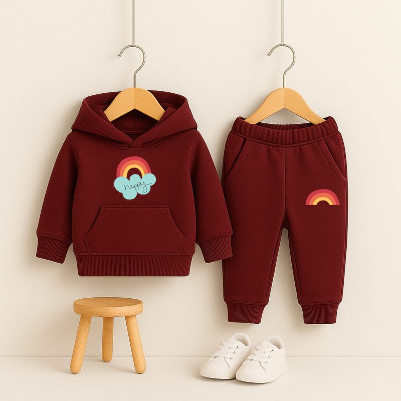 Maroon Little Rainbow Printed Hooded Tracksuit for Young Kids