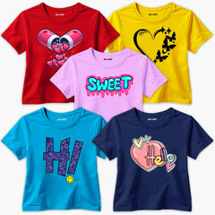 Pack of 5 Hi Hello Sweet Heart Printed Summer T-Shirts For Girls