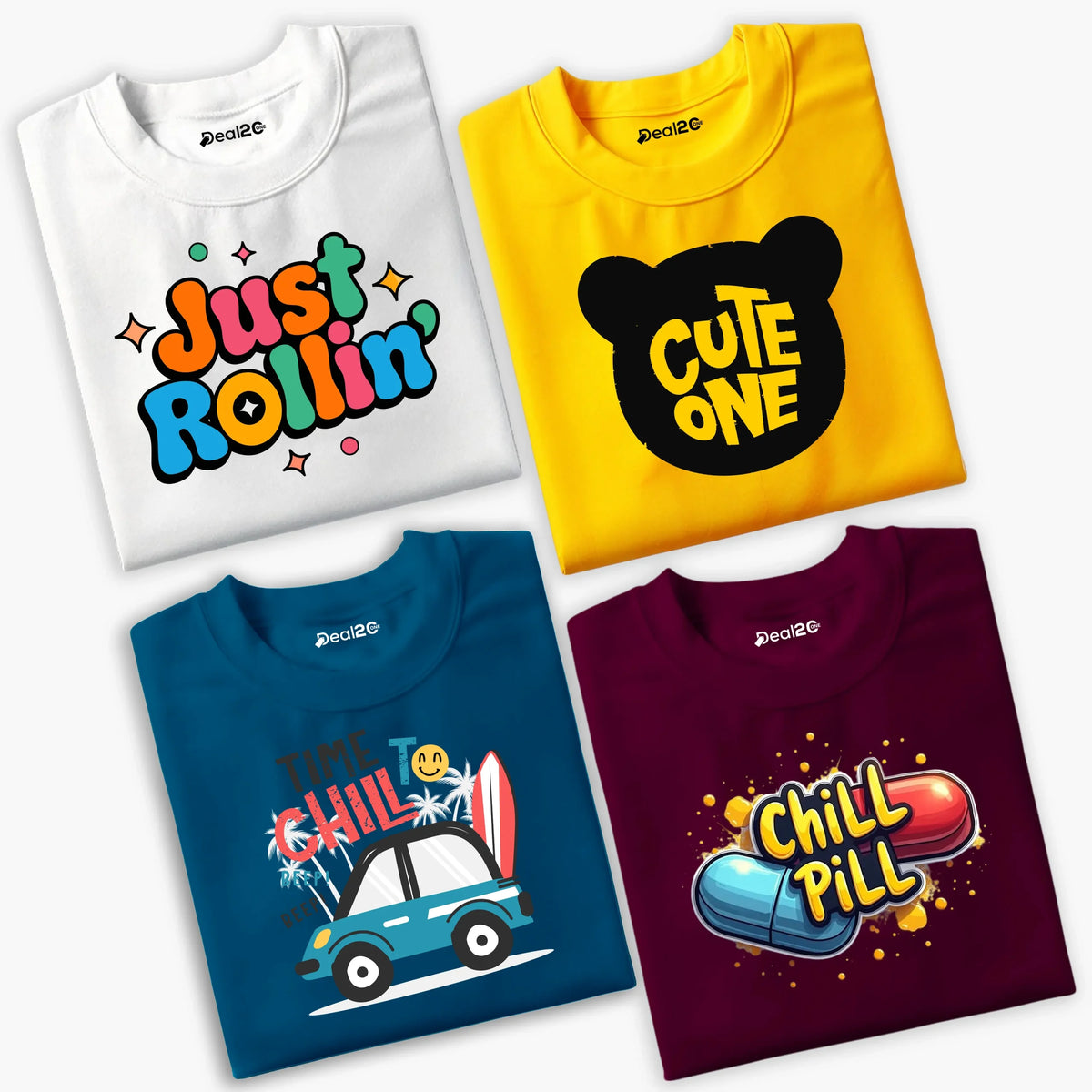 Pack of 4 Just Cute Chill Pill Printed Summer T-Shirts