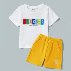 Weekend Happy Holiday White Yellow Contrast Printed Summer Short Suit