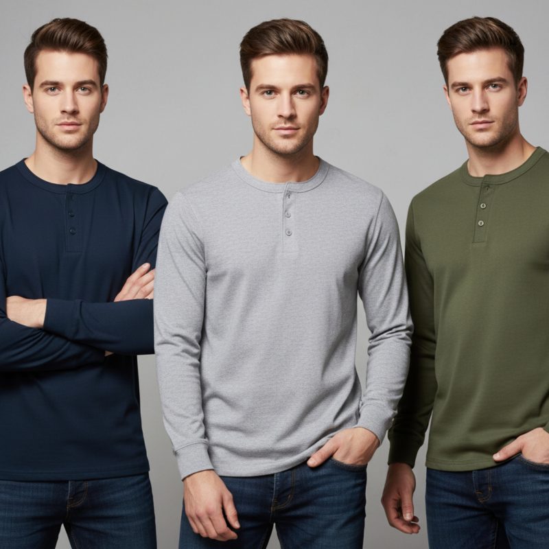 Bundle of 3 Classic Fit Henry Collar Long Sleeve T-Shirts for Men