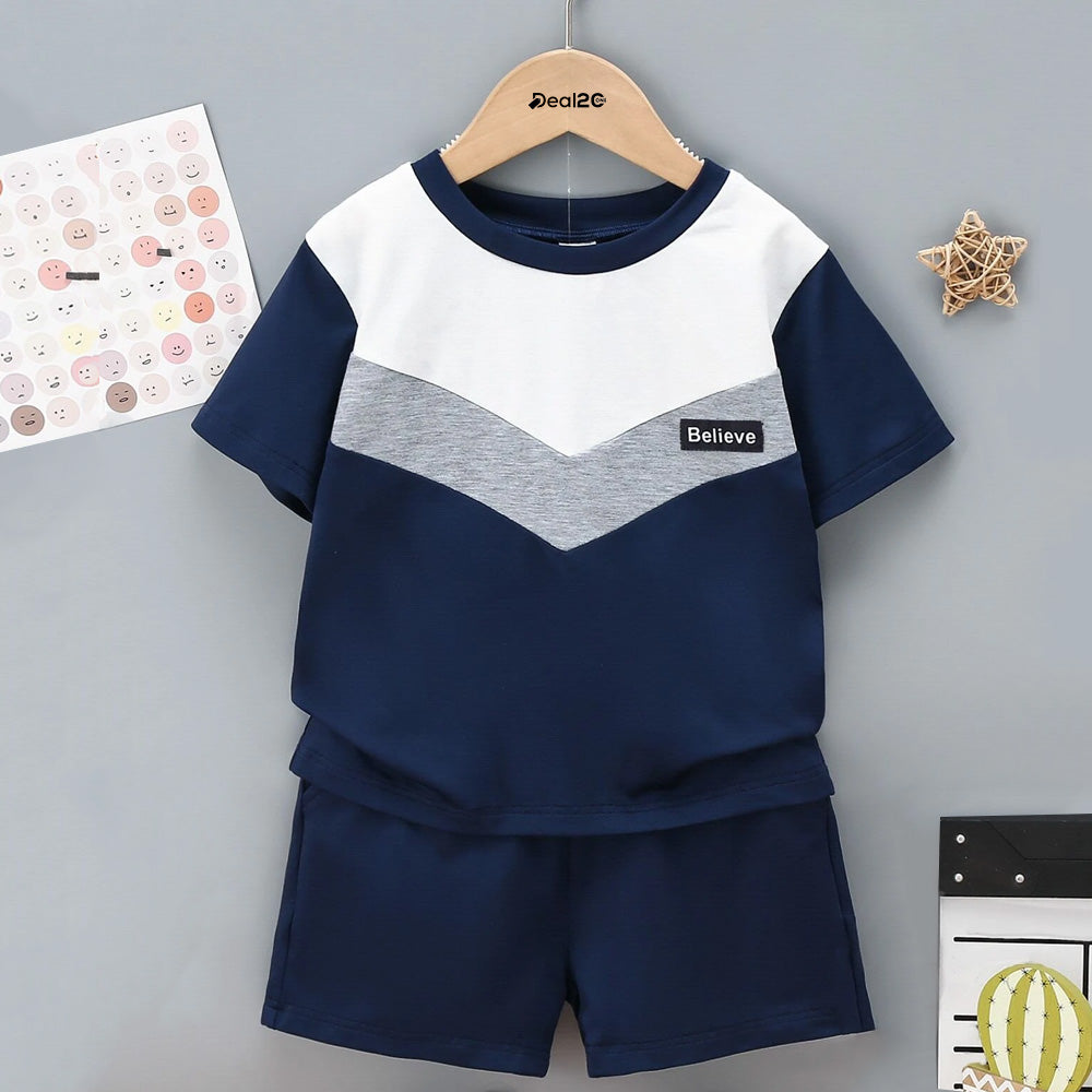 Blue Grey Believe Summer Short Sleeve Kids Wear Suit