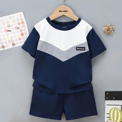 Blue Grey Believe Summer Short Sleeve Kids Wear Suit