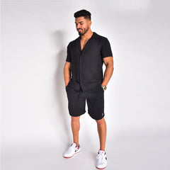 Men Black Short Sleeve Collar Wrap Front Shirt and Shorts Twin Set