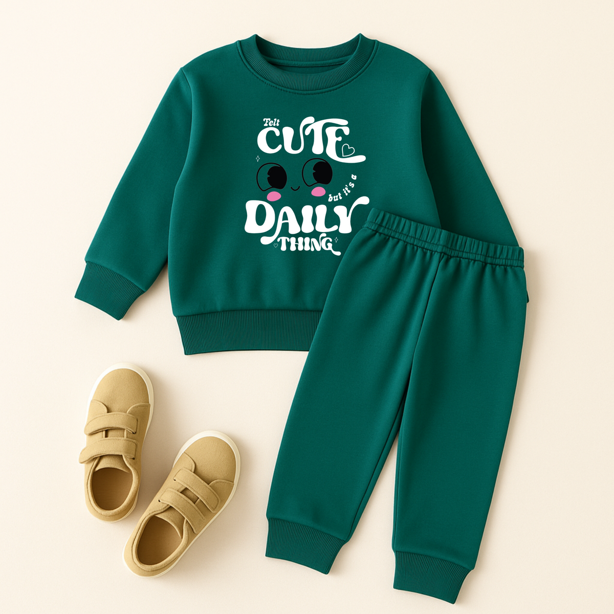 Green Cute Daily Printed Sweatshirt Tracksuit for Girls