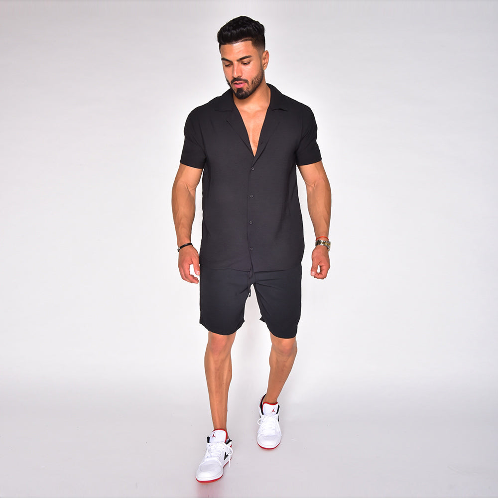 Men Black Short Sleeve Collar Wrap Front Shirt and Shorts Twin Set