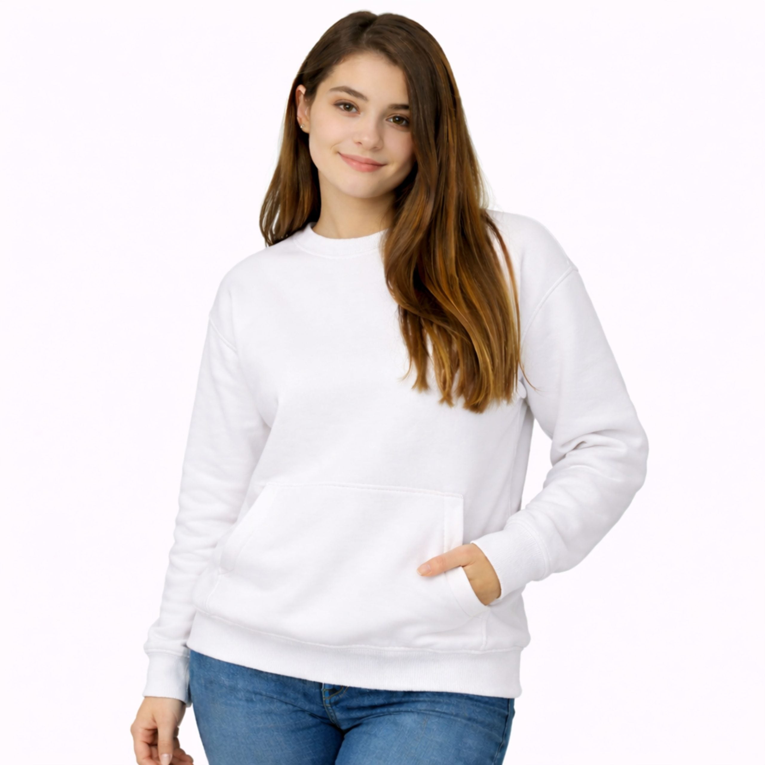 White Cotton Front Pocket Sweatshirt for Women