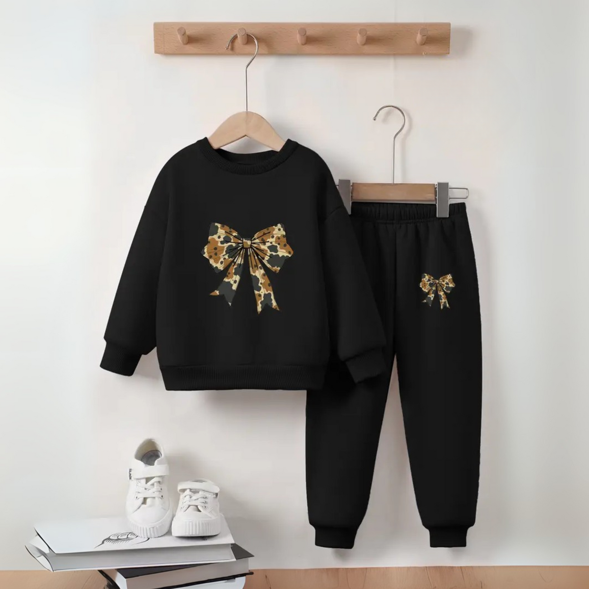 Black Bow Tie Print Sweatshirt Tracksuit for Girls