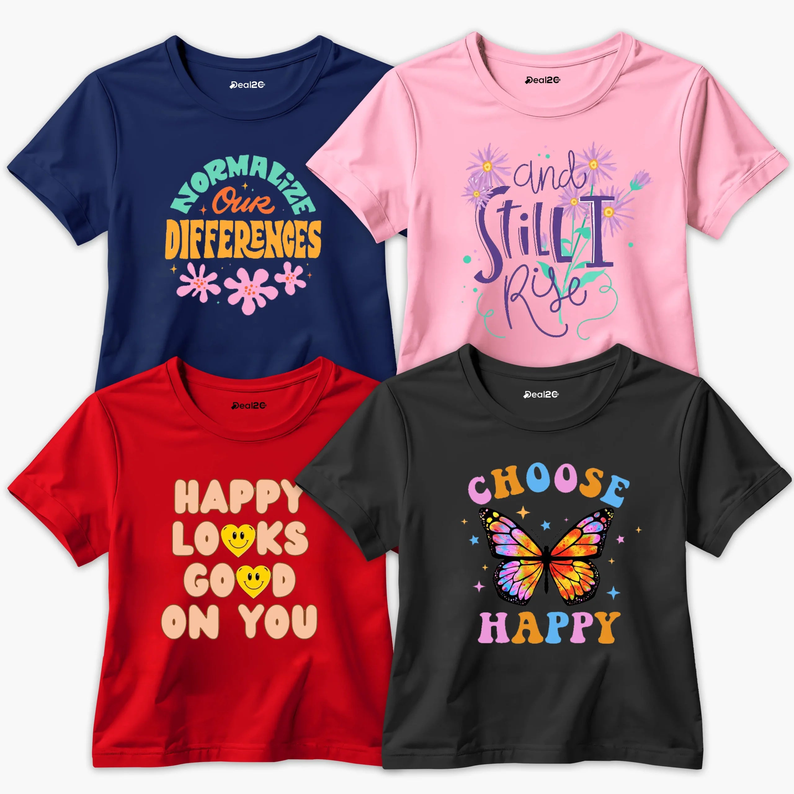 Pack of 4 Differences Rise Looks Happy Printed Summer T-Shirts For Girls
