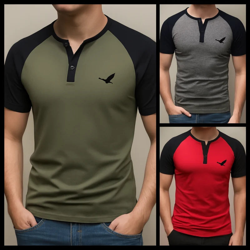 Bundle of 3 Urban Wing Contrast Henley T-Shirts for Men