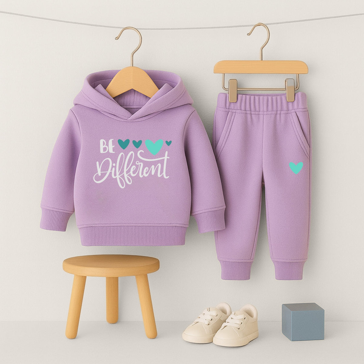 Be Different Heart Printed Hooded Tracksuit for Girls