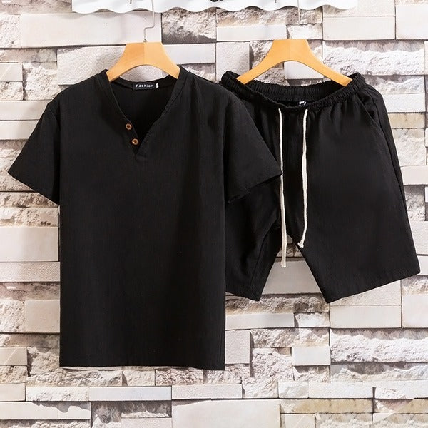 Black Short Sleeve Pullover Button Summer Short Suit