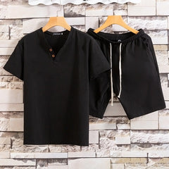 Black Short Sleeve Pullover Button Summer Short Suit