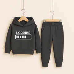 Charcoal Loading Bar Printed Hooded Tracksuit for Young Kids