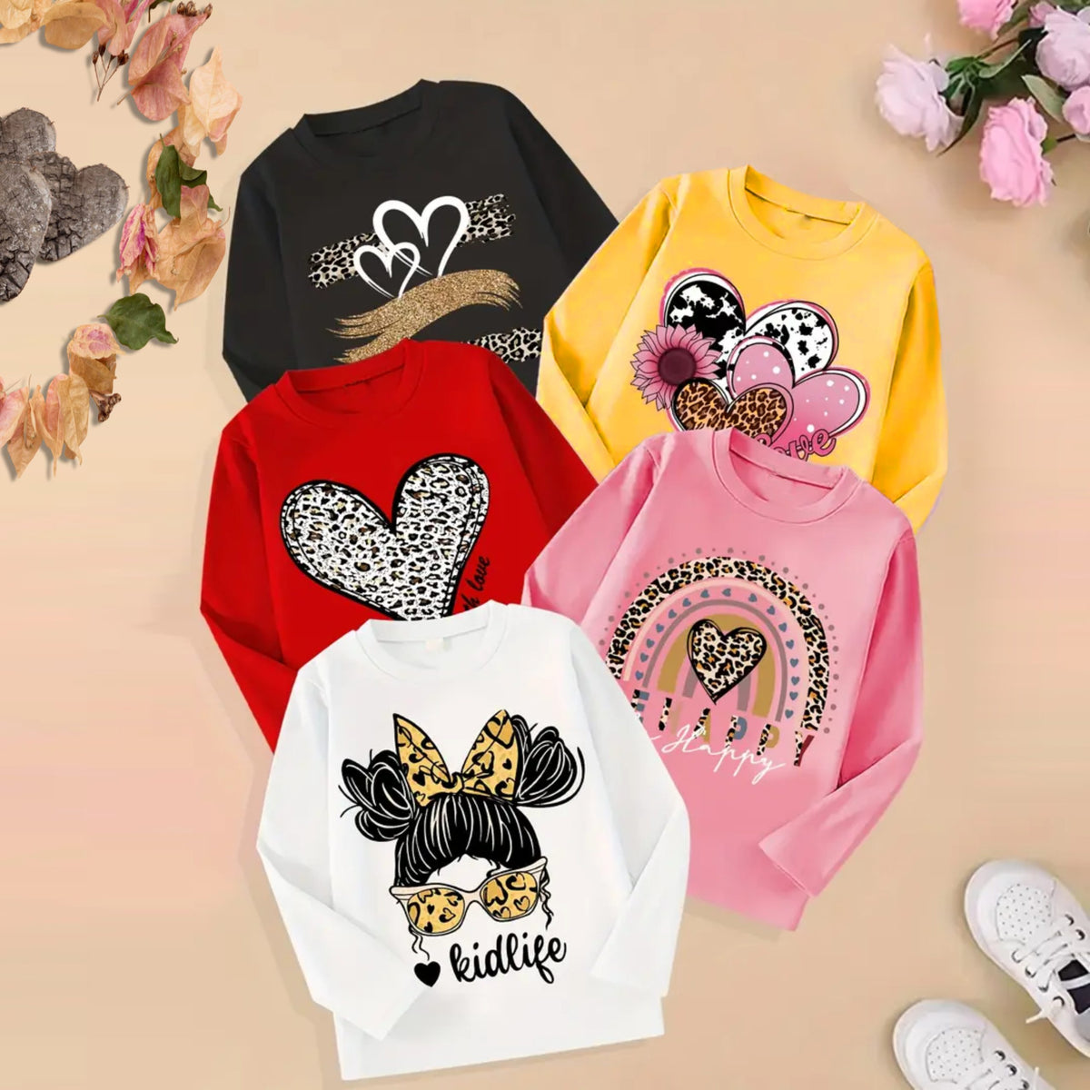 Pack of 5 Colorful Heart & Graphic Prints Long Sleeve T-Shirts for Girls