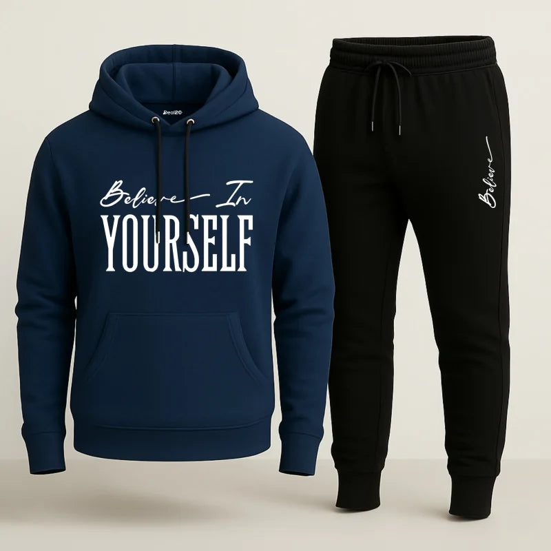 Contrast Navy Blue Believe in Yourself Printed Hooded Tracksuit – Unisex