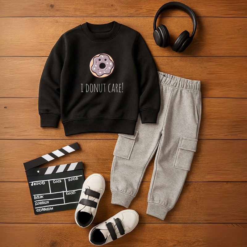 Donut Care Printed Black Sweatshirt Tracksuit for Kids