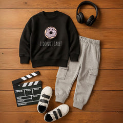 Donut Care Printed Black Sweatshirt Tracksuit for Kids