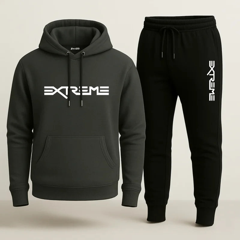 Contrast Dark Grey Extreme Printed Hooded Tracksuit for Men