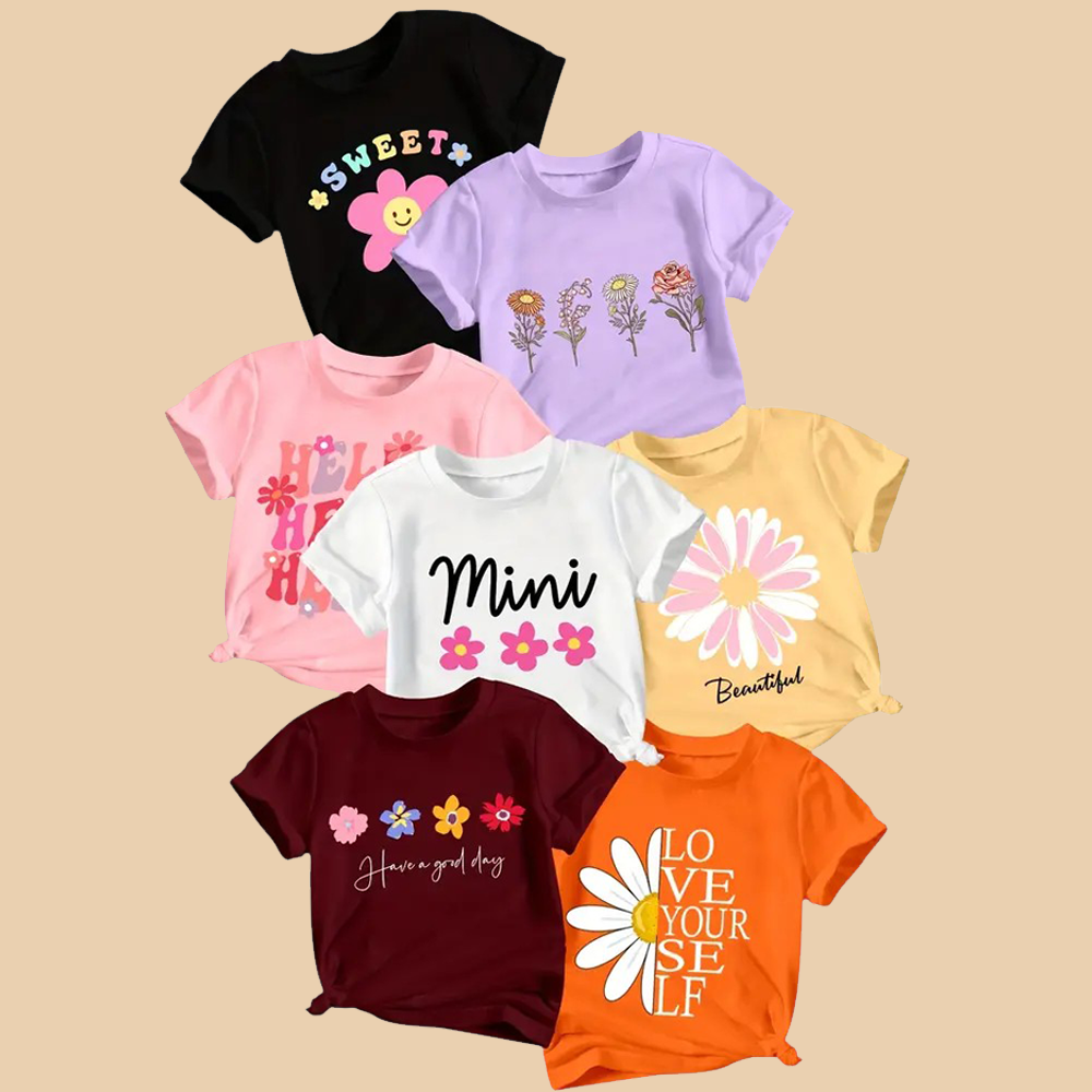 Pack of 7 Sweet Mini Lover Yourself Printed T Shirts For Girls