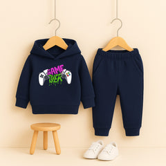Game Over Printed Navy Blue Hooded Tracksuit for Young Kids