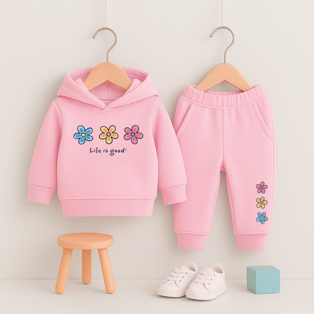 Good Floral Printed Pink Hooded Tracksuit for Girls