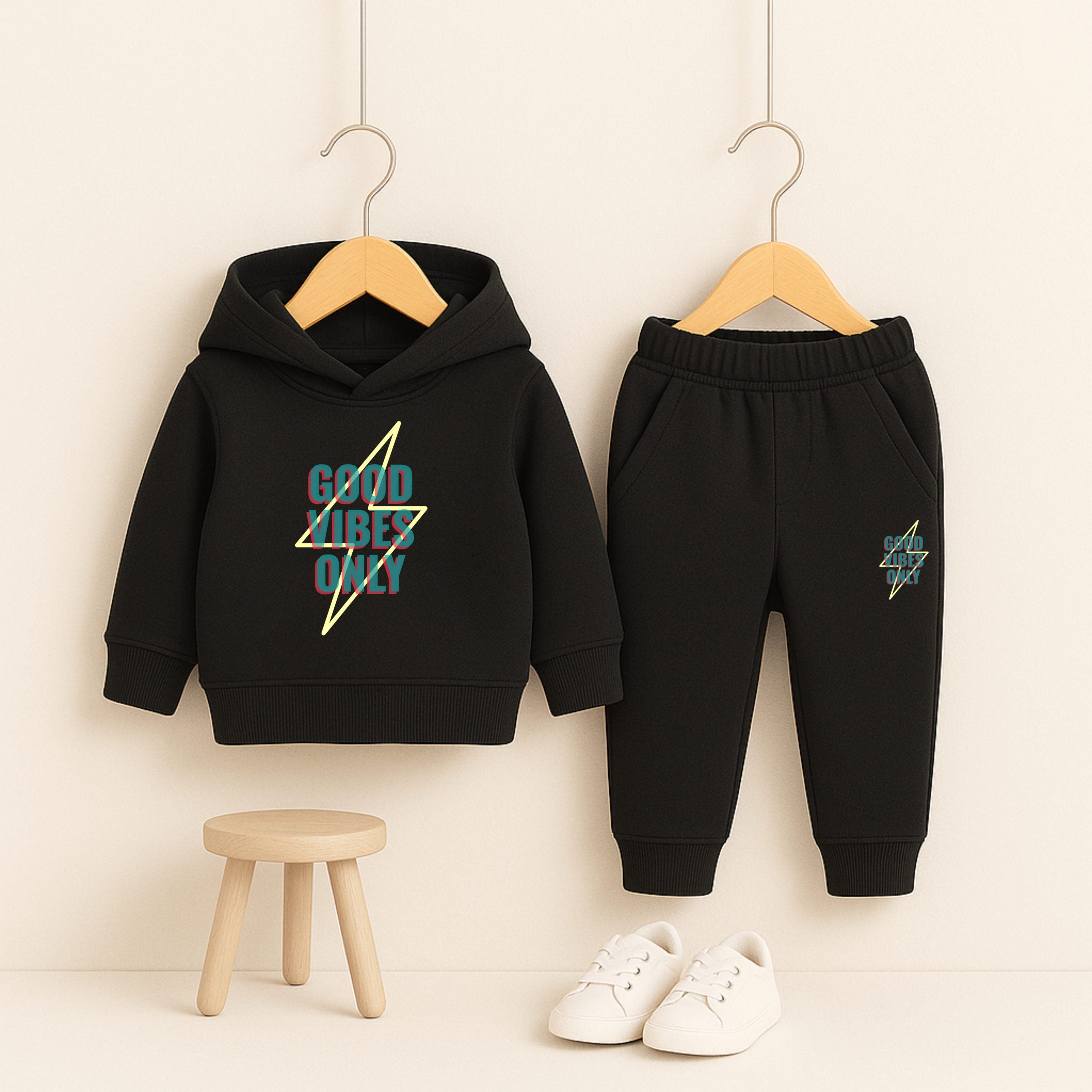 Good Vibes Printed Black Hooded Tracksuit for Young Kids
