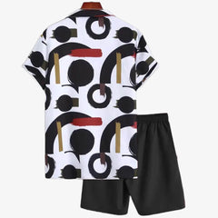 Mens Lapel Brush Abstract Art Printed Summer Short Suit