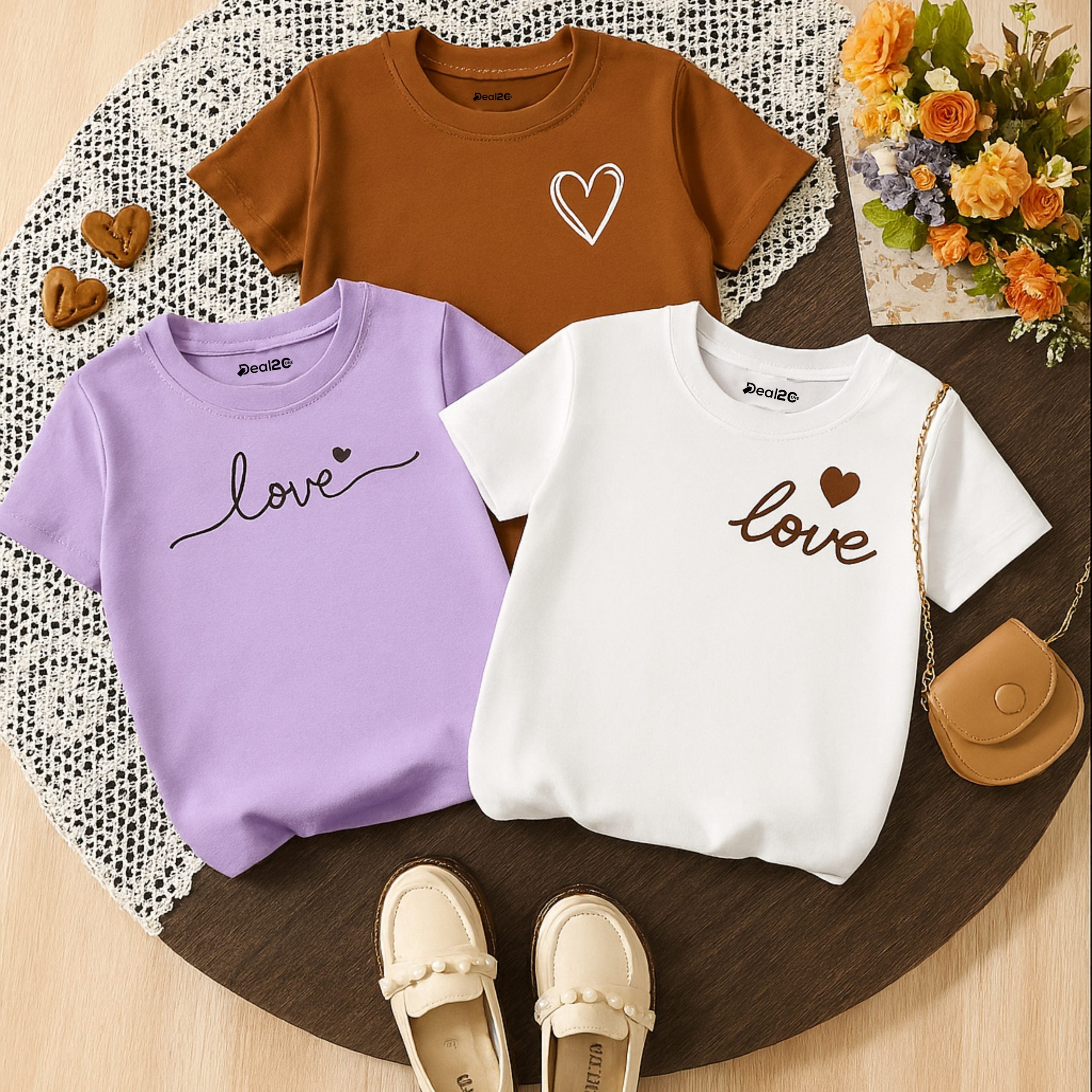 Pack of 3 Love Graphic Printed T-Shirts for Girls