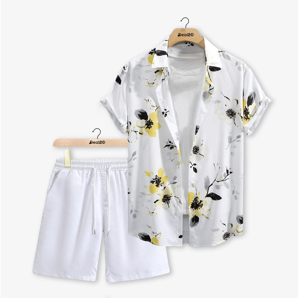 Men White Sunflower Printed Summer Short Suit