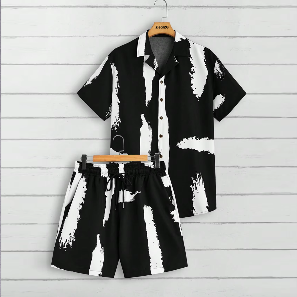 Modern Bold Brushstroke Printed Summer Short Suit For Men