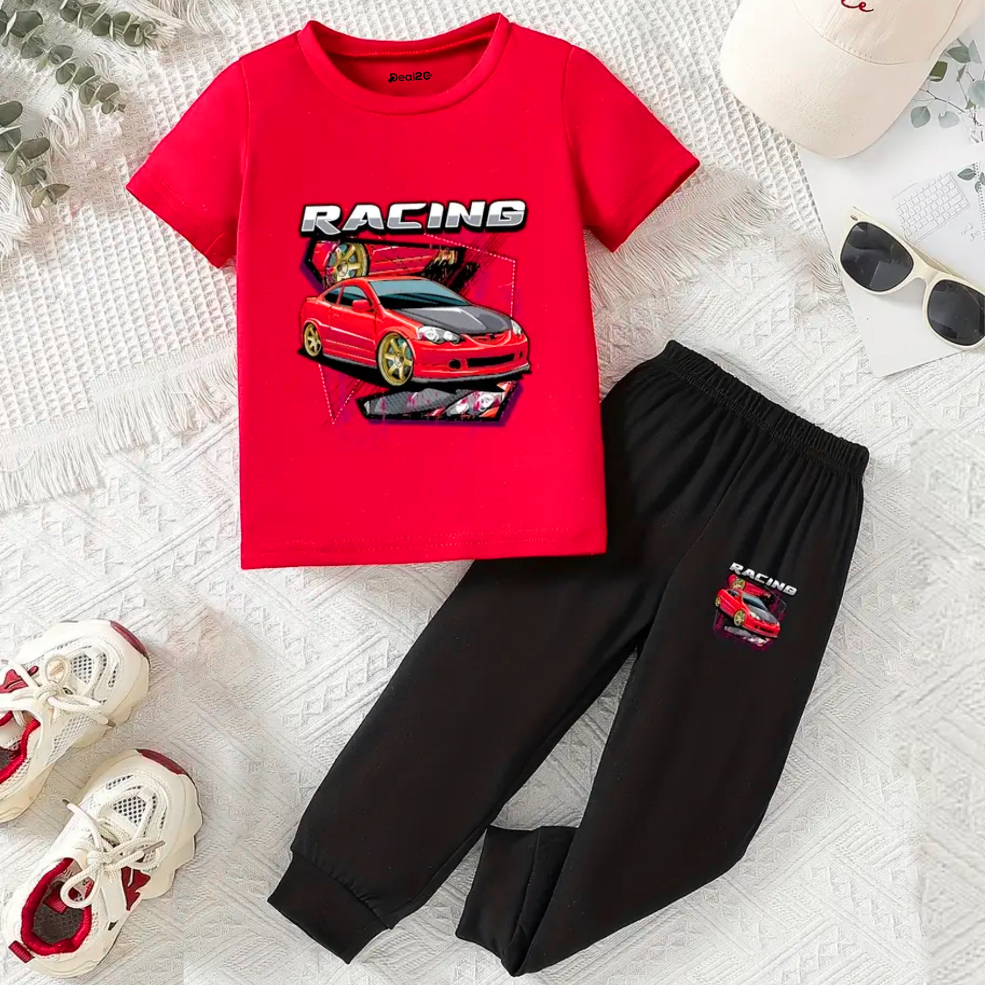Racing Car Printed Summer Trouser Suit For Young Kids