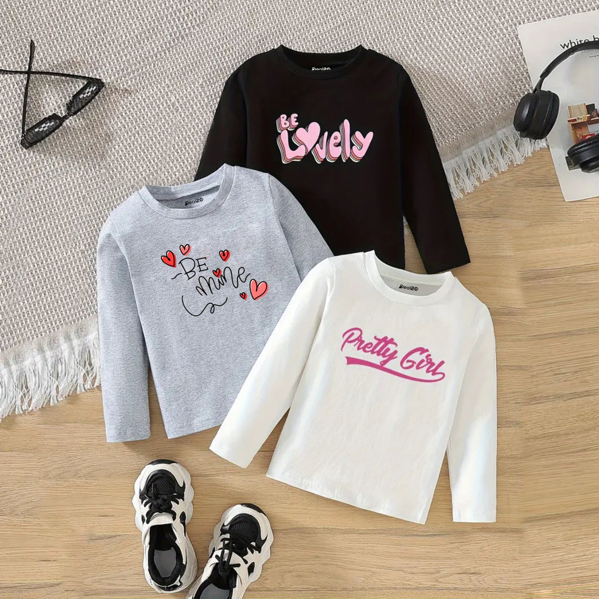 Pack of 3 Be Mine Lovely Printed Long Sleeve T-Shirts for Girls