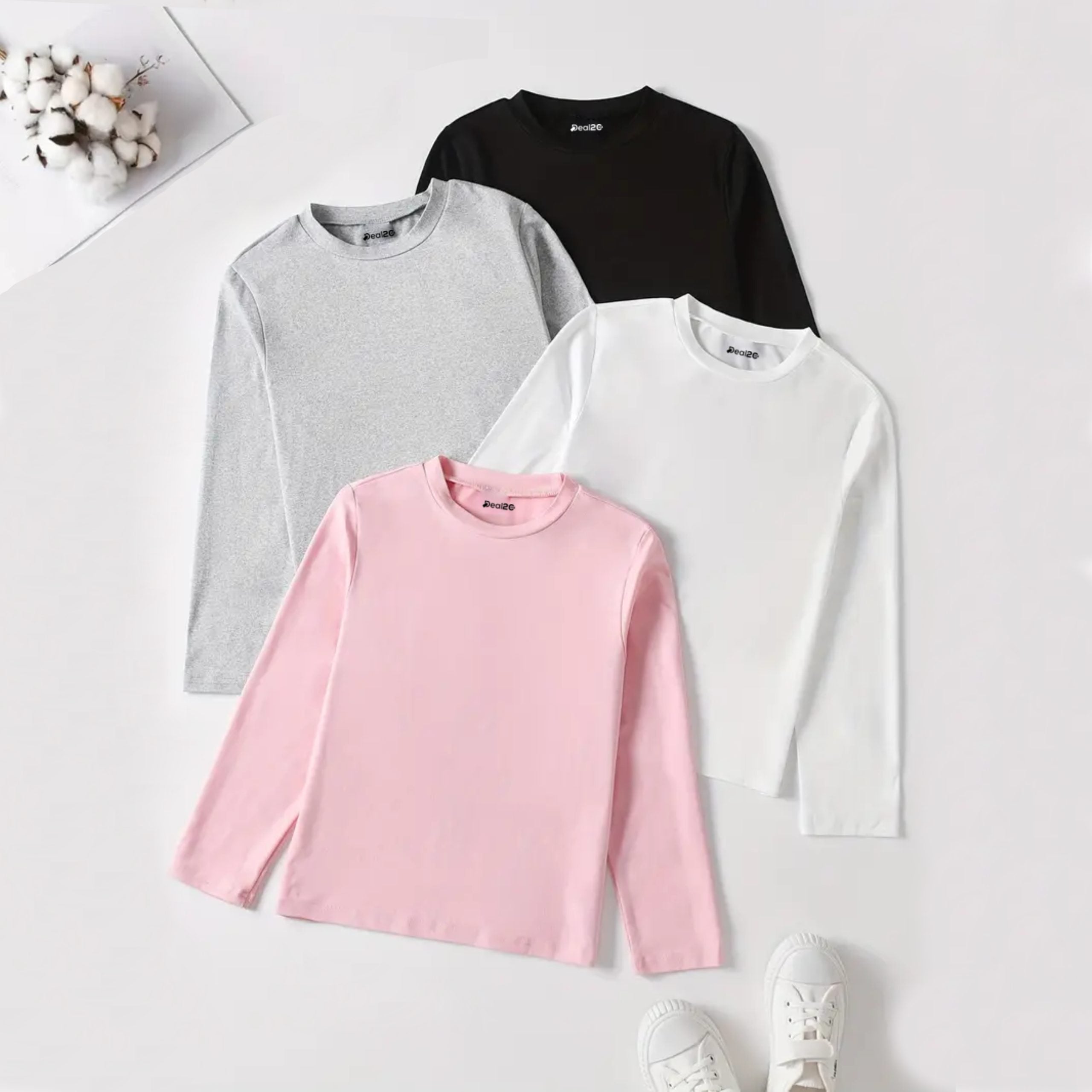 Bundle Of 4 Plain Long Sleeve T-Shirts For Girls