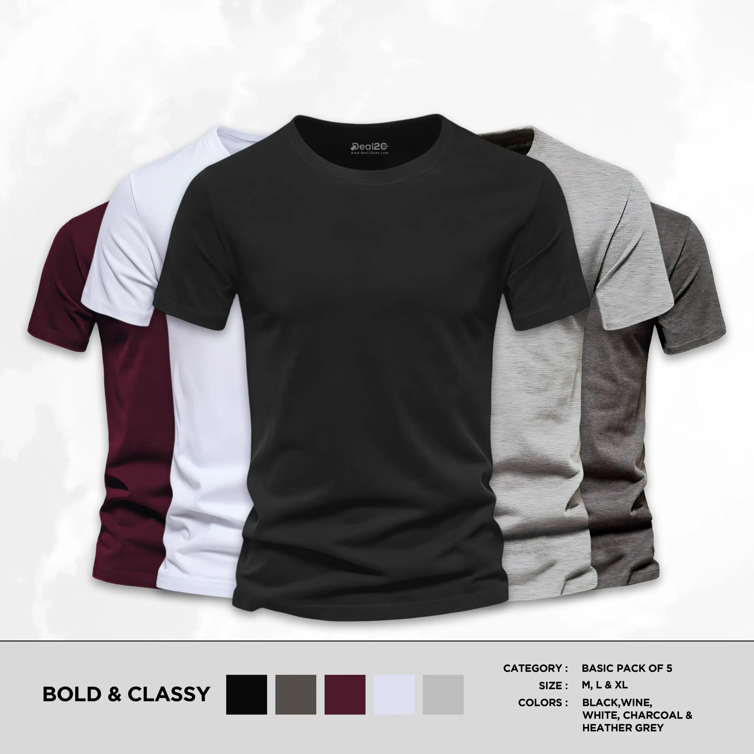 Bundle of 5 Bold And Classy Basic Half Sleeves T-Shirts For Men