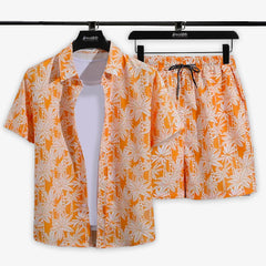 Palm Tree Orange Checked Printed Summer Beach Short Suit