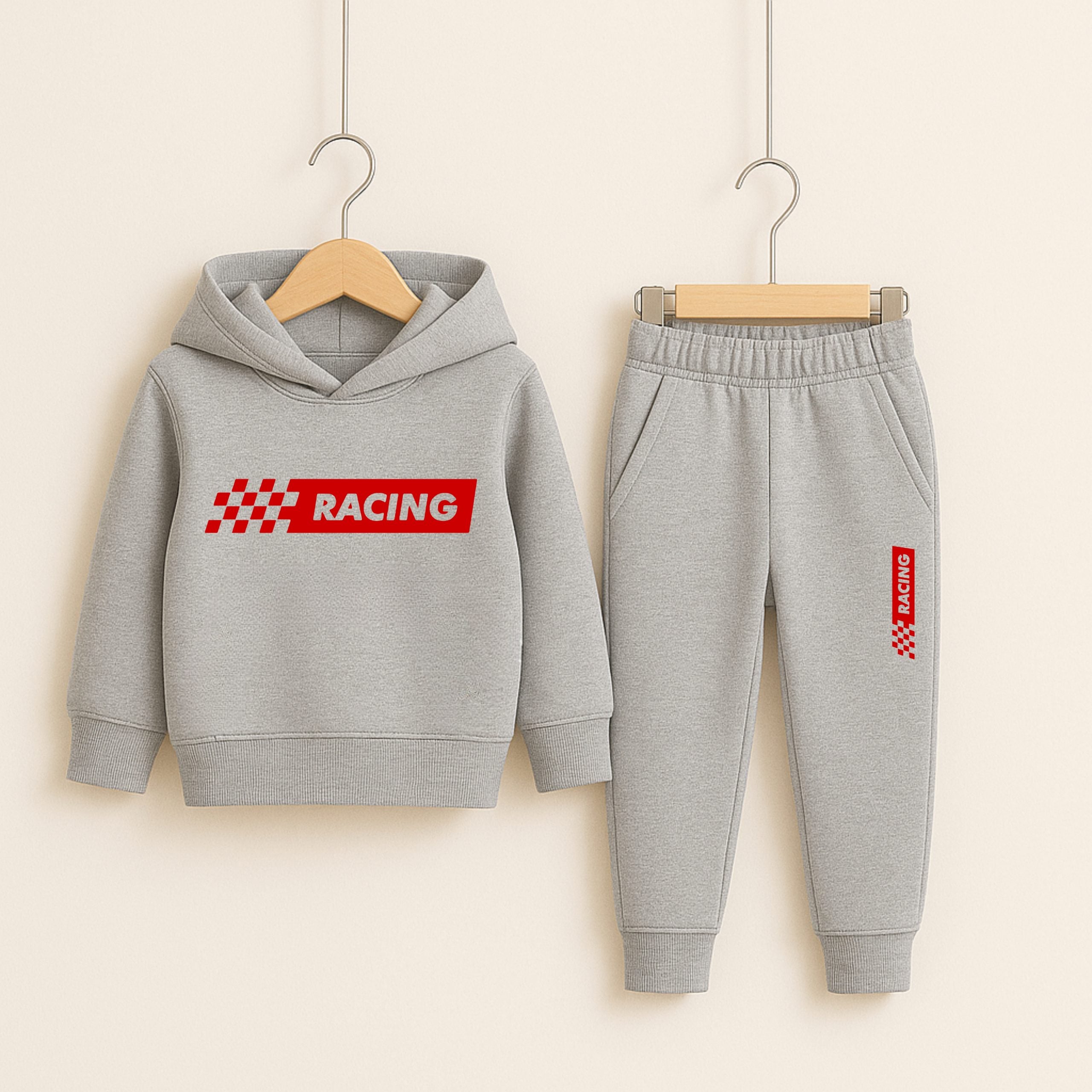 Racing Printed H-Grey Hooded Tracksuit for Young Kids