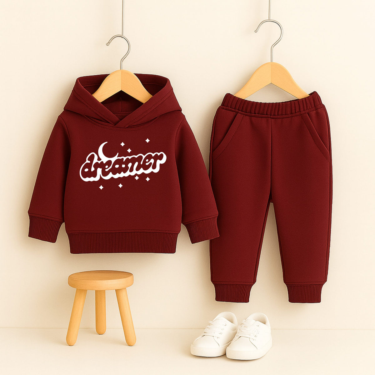 Star Dreamer Printed Maroon Hooded Tracksuit for Young Kids