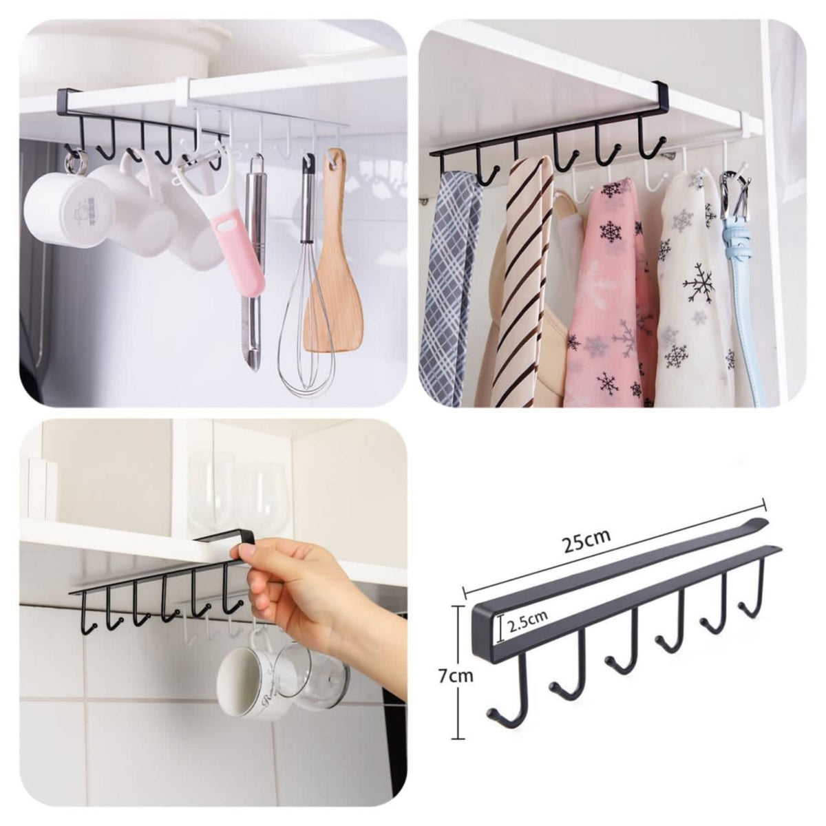 Under-Shelf Hanging Rack – 6-Hook Kitchen Organizer
