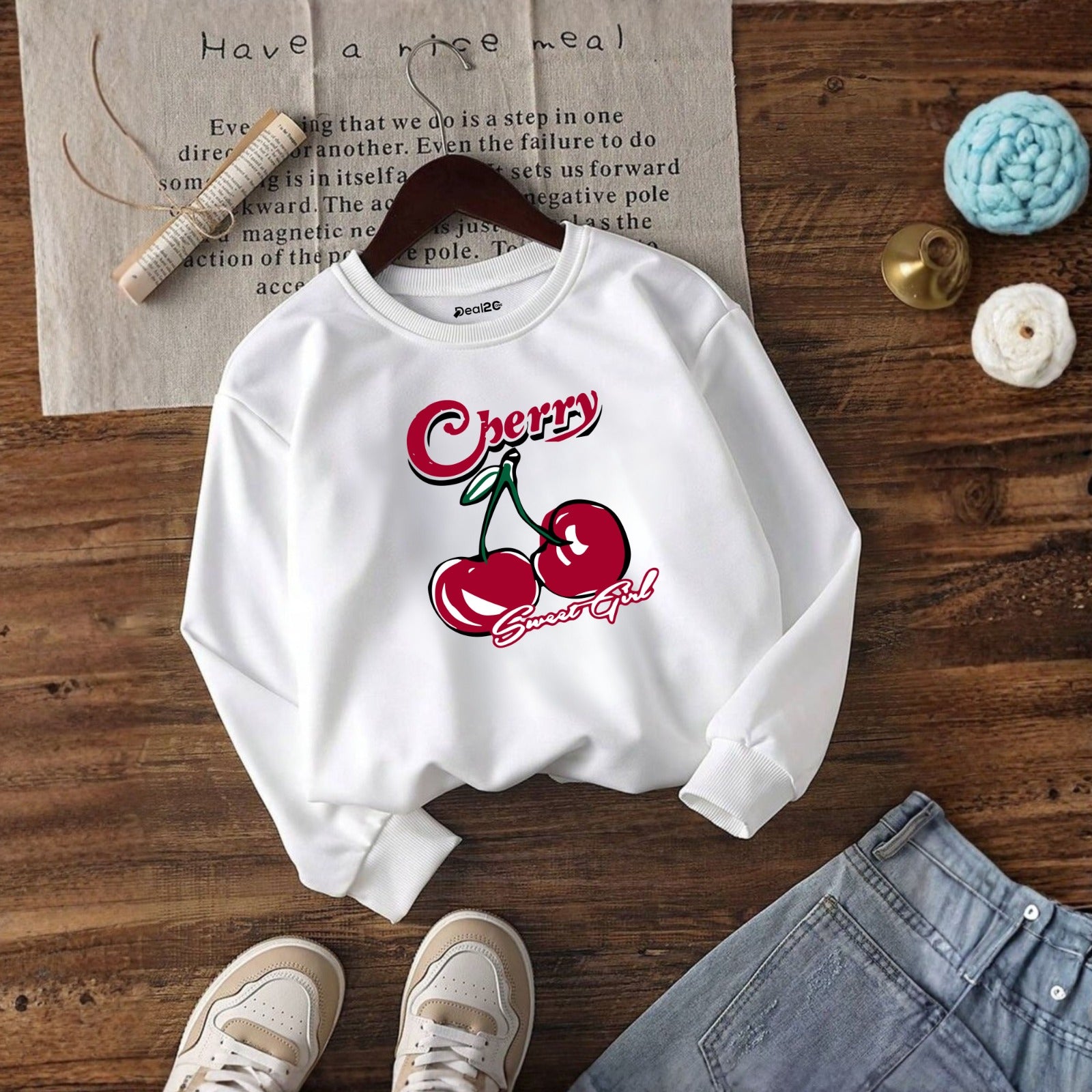 Cherry Mood Printed White Sweatshirt for Girls