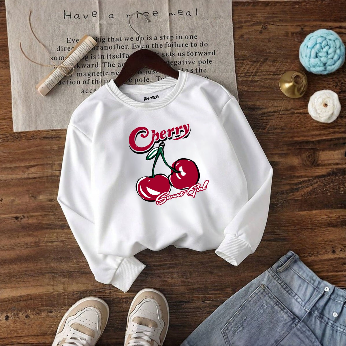 Cherry Mood Printed White Sweatshirt for Girls